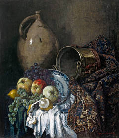 Still Life; fruit on a plate with a copper pot draped on a cloth