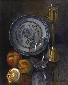 Still-life with peeled orange, apples, a plate, a glass and a lamp