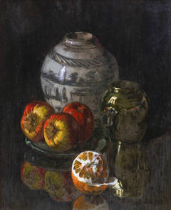 Still-life , peeled orange and apples, a jar and a glass