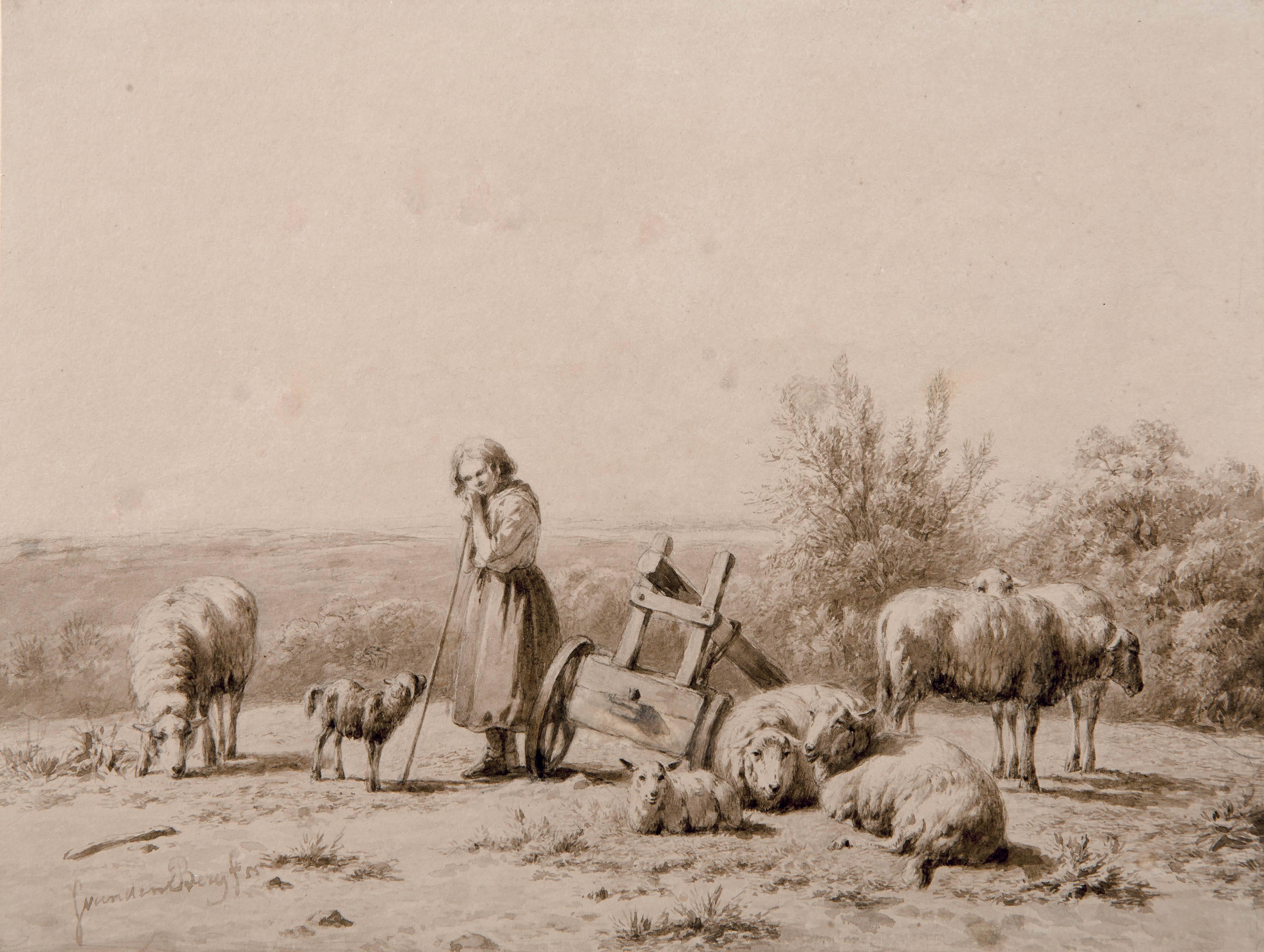 Jacobus Everhardus Josephus van den Berg Landscape Art - Shepherdess watching her sheep 