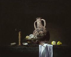 Still life with jug and oysters