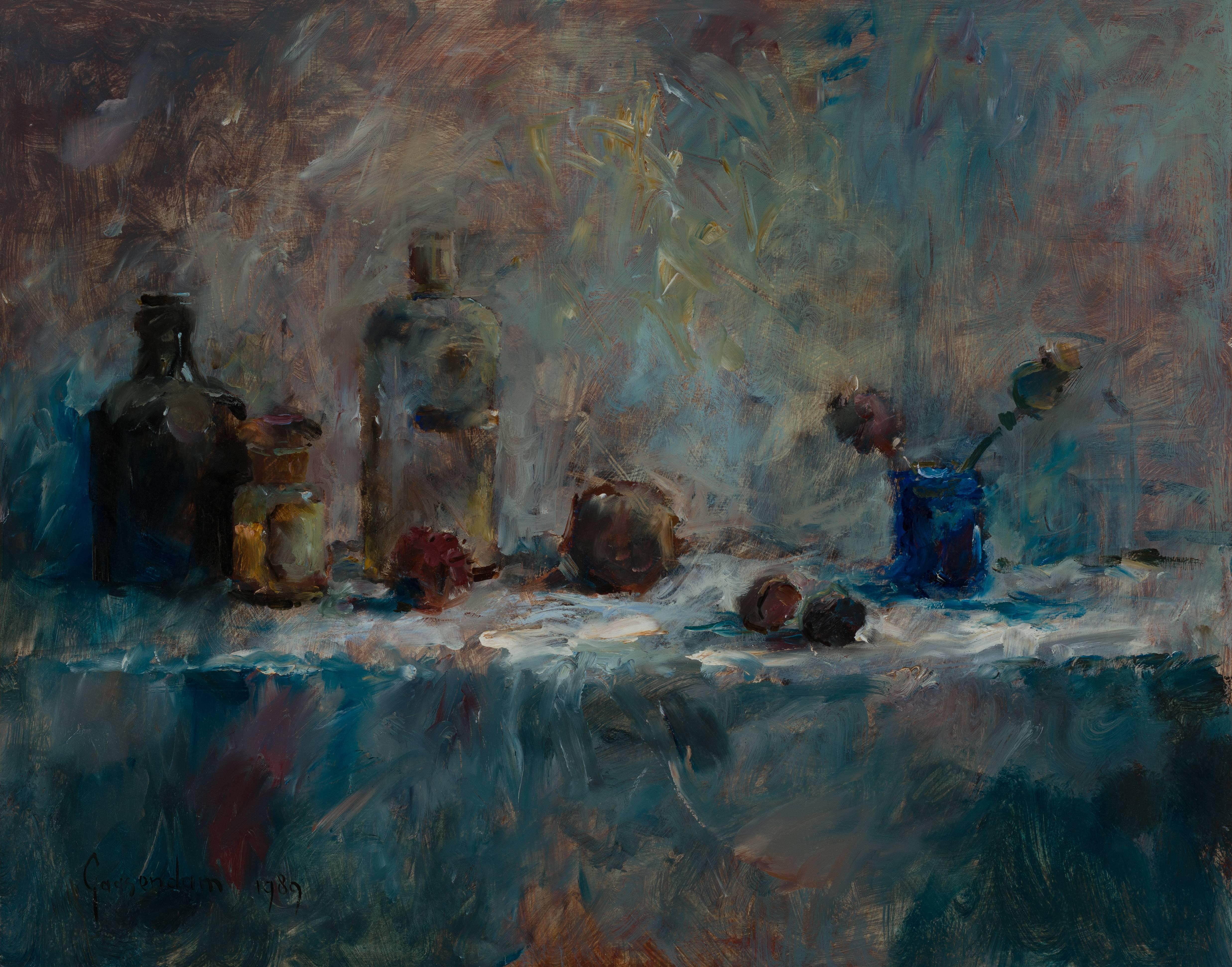 Flip Gaasendam Still-Life Painting - Still life with fruit and glass bottles