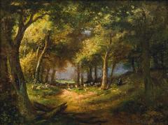 Romantic forest view with shepherd and flock