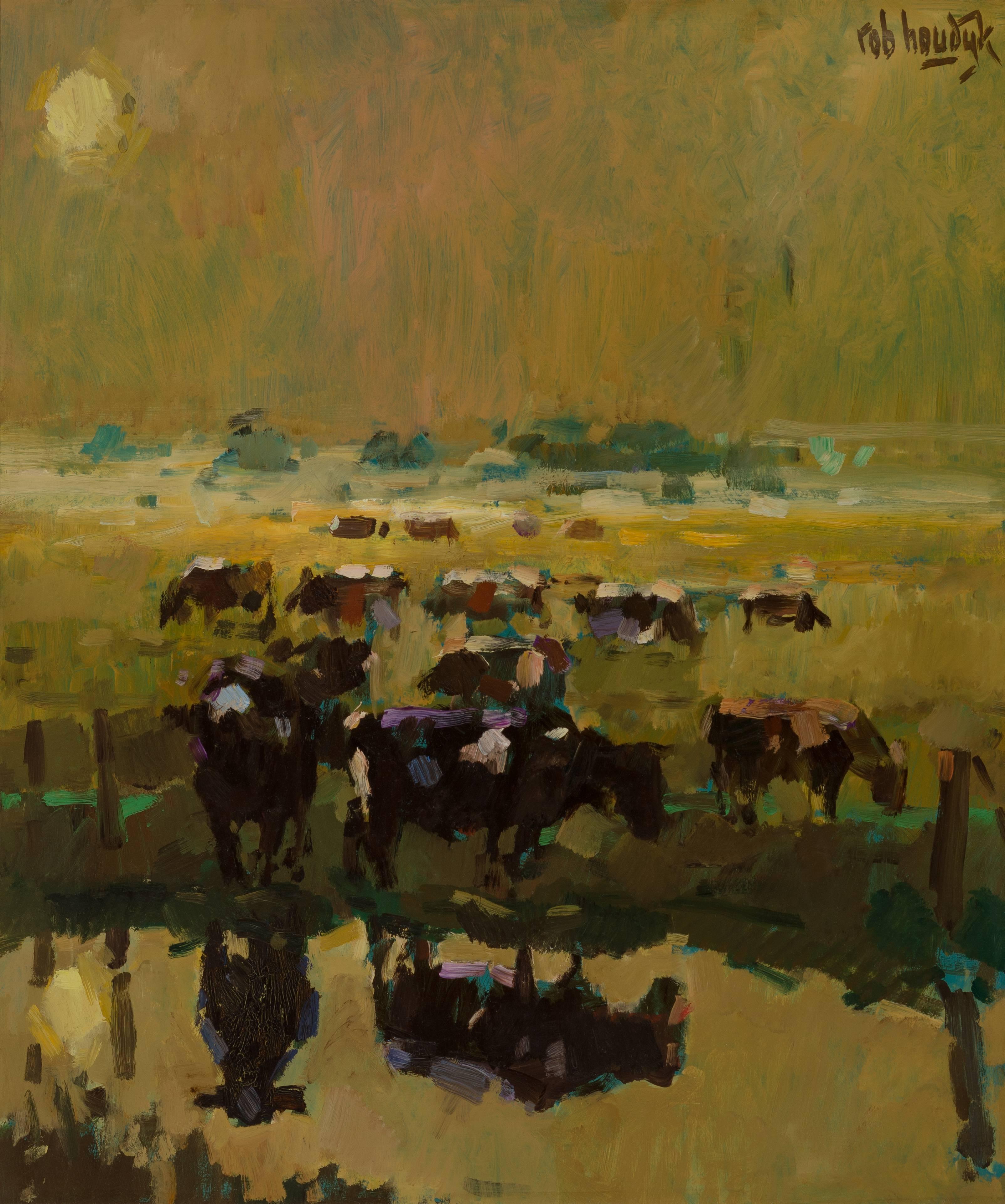 Rob Houdijk Landscape Painting - Polder landscape with cows