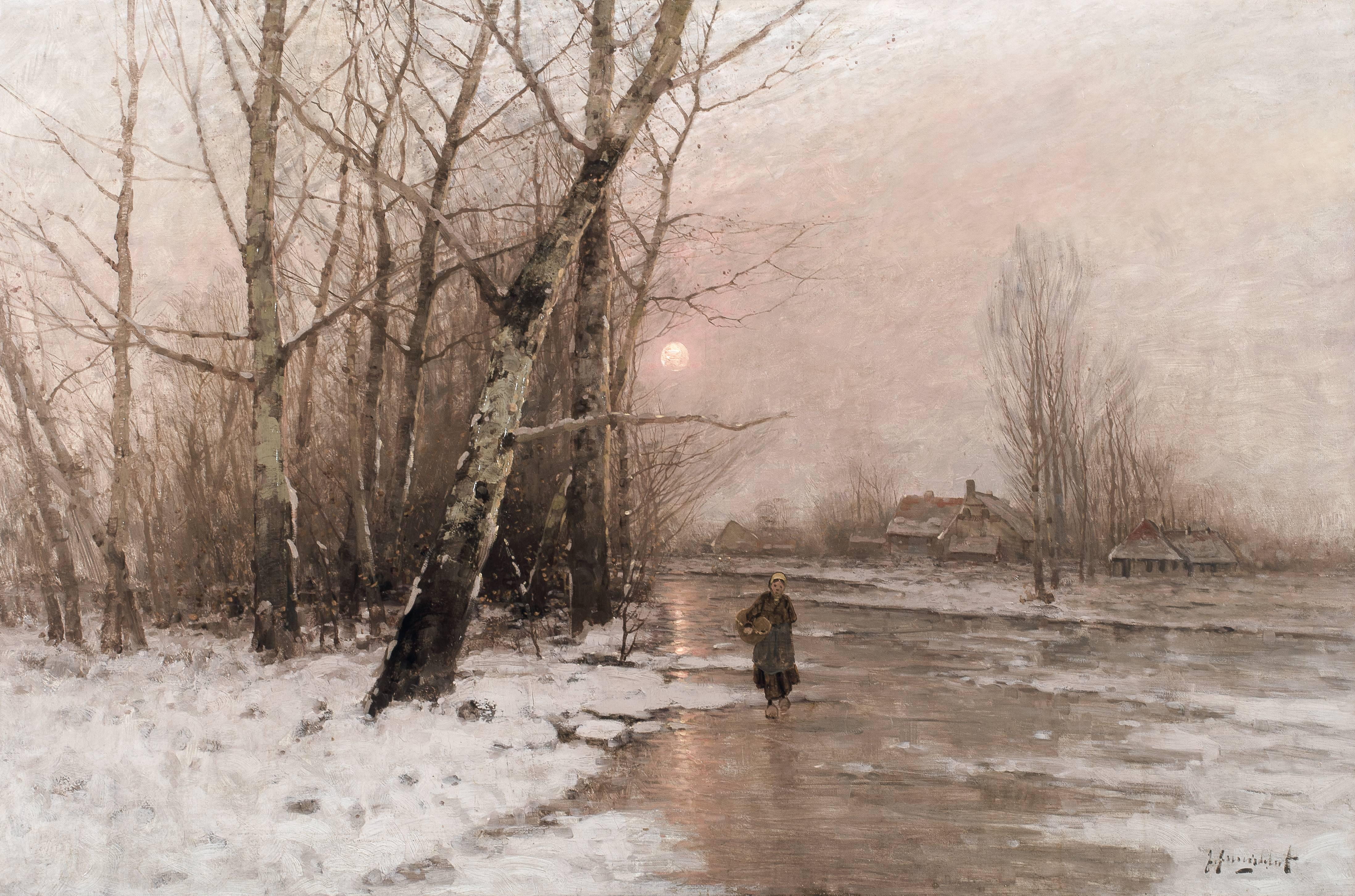 Johann Jungblut Landscape Painting - Farmer
s Wife walking on the ice