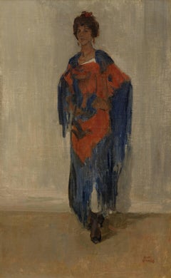 Elegant young woman in a red and blue dress; Possibly Guusje van Dongen, Kees's