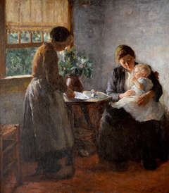 Interior: mother with little girl on her lap