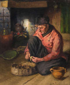 Man in Volendam costume peeling potatoes