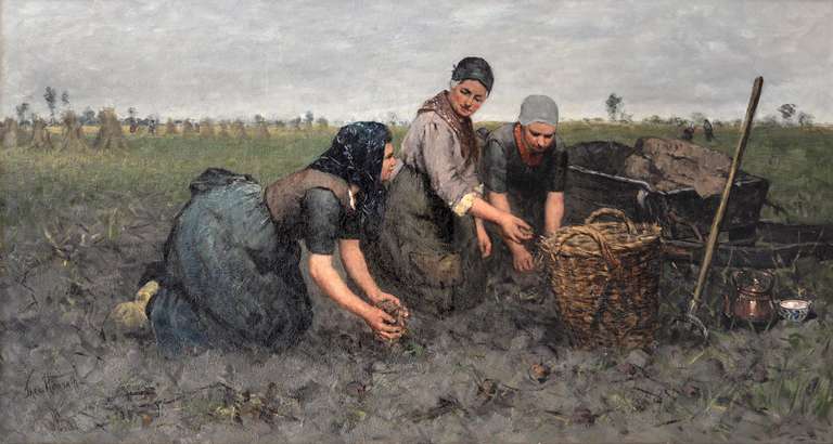 Hanrath, Theodorus Landscape Painting - Three women digging up potatoes near Rolde