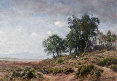 Heath landscape with shepherdess and sheep