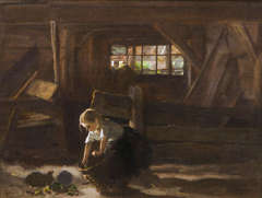 Girl with basket and kitten in a barn