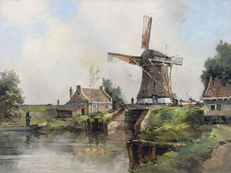 Jongere, M, de – Drulman, Marinus Johannes Landscape Painting - Drainage Mill on a Waterway