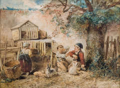 Children playing near a rabbit hutch