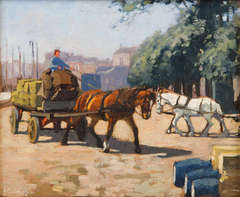 Workhorse hitched to a cart with a coachman in the box