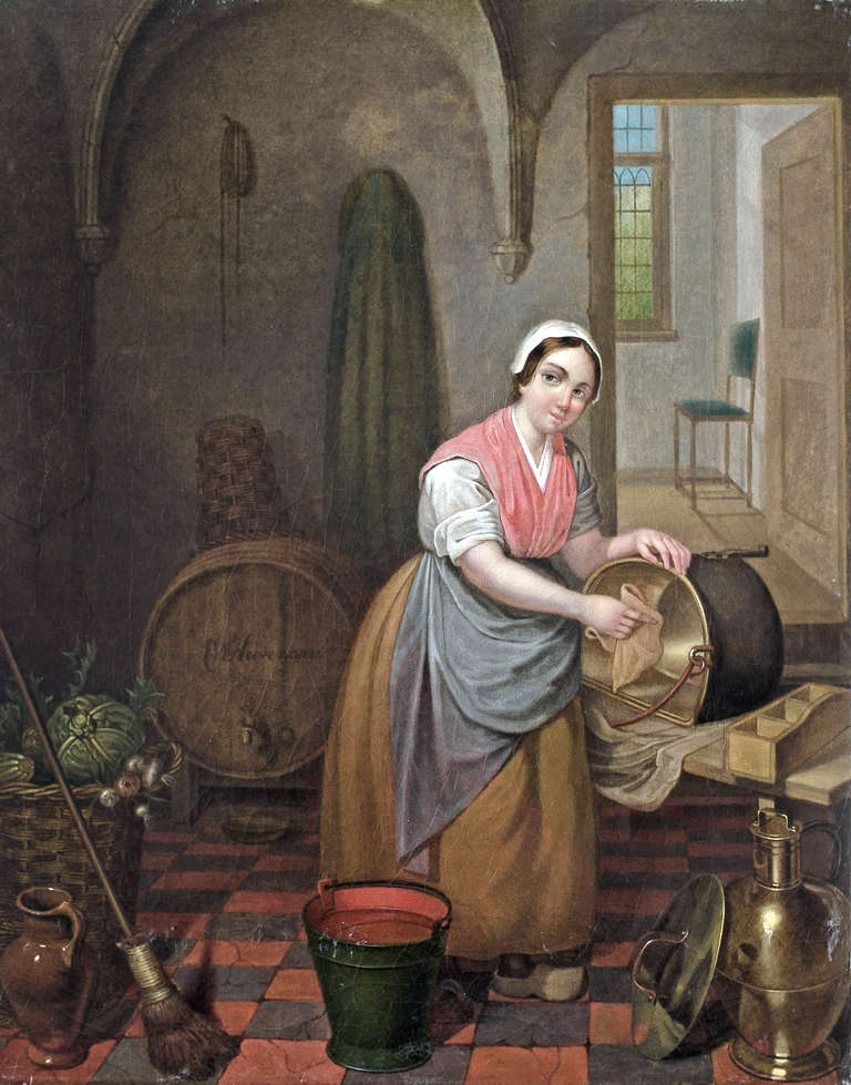 Hoevenaar, Willem Pieter Interior Painting - Interior; woman cleaning a copper kettle
