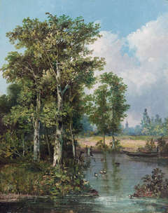 Romantic Landscape with ducks in the water