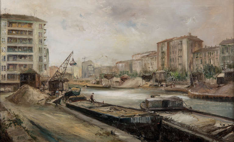 Raffaëlli, Jean Francois Figurative Painting - Barges on the river Seine