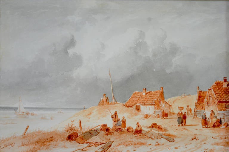 Charles Henri Joseph Leickert Landscape Art - Coastal landscape with cottages and figures