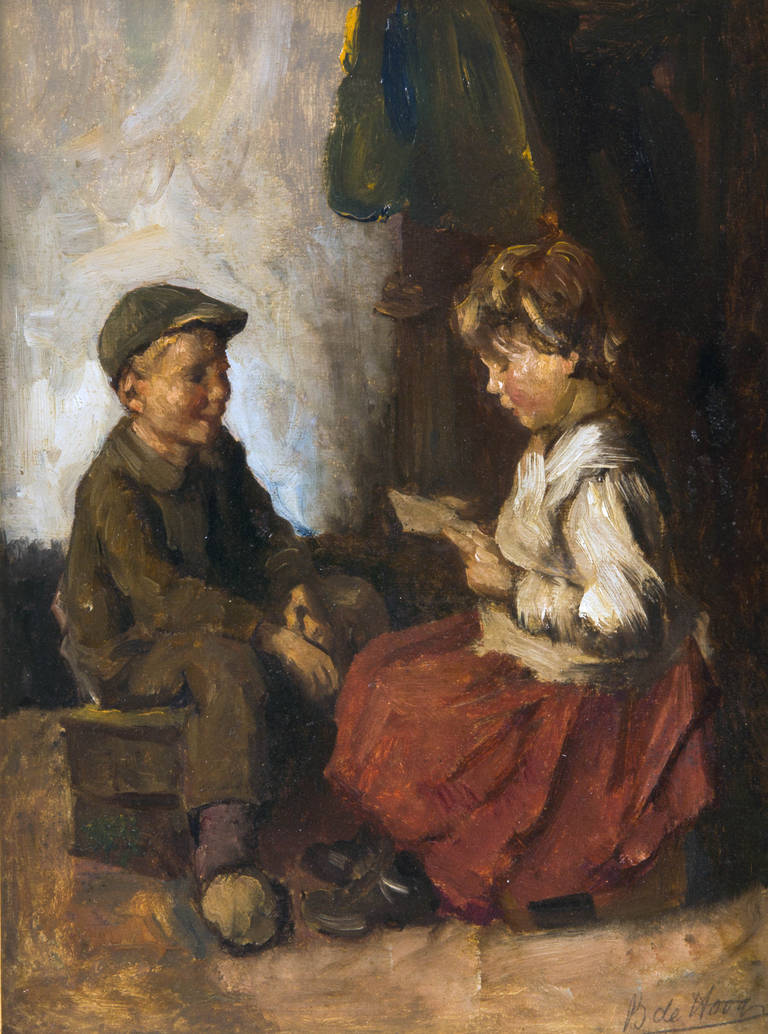 Bernard De Hoog Interior Painting - Two children reading from a book