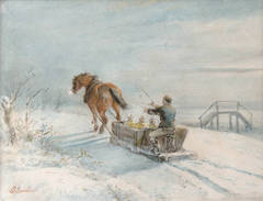 Horse and sledge in a winter landscape