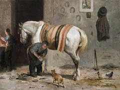 Antique A blacksmith shoeing a horse