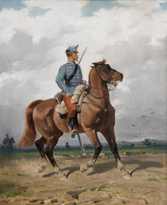 Antique Cavalry man riding his fiery horse