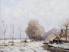 Winter landscape with farmhouse at the water