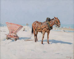 Cart horse on the beach at the Belgian coast