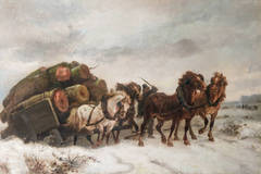 Antique Four horses pulling a wagon loaded with trees through a winter landscape