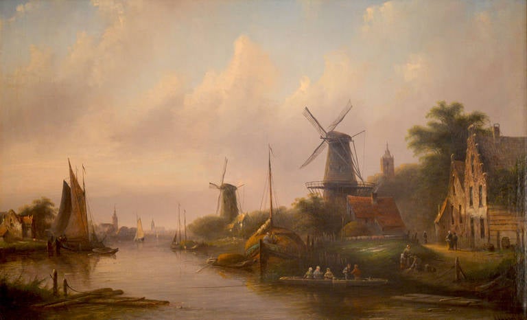 Jan Jacob Coenraad Spohler Landscape Painting - Sailing ships on a canal with windmills