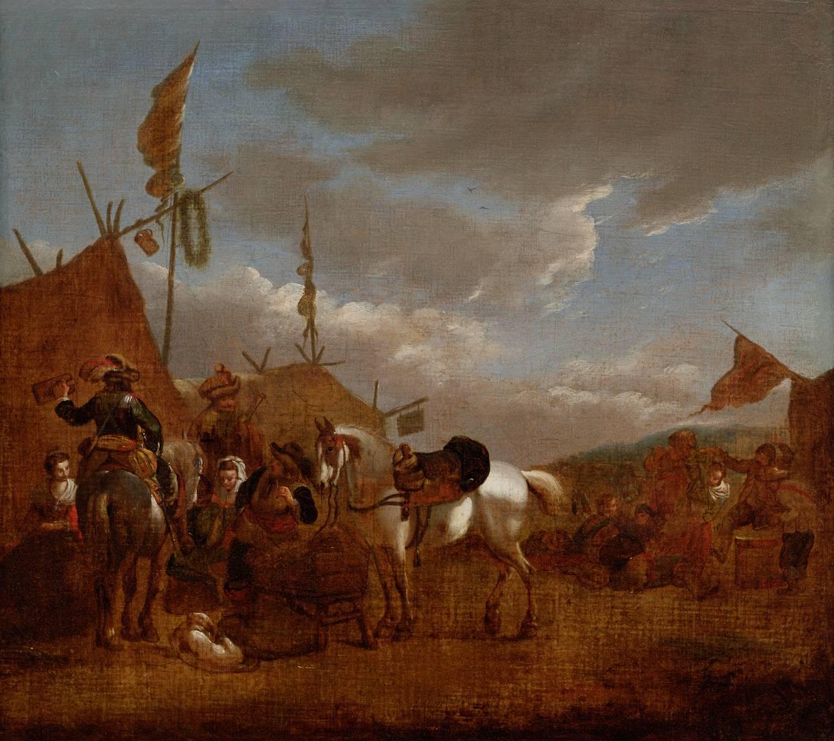 Pieter Wouwerman Landscape Painting - Travellers and soldiers at a campsite
