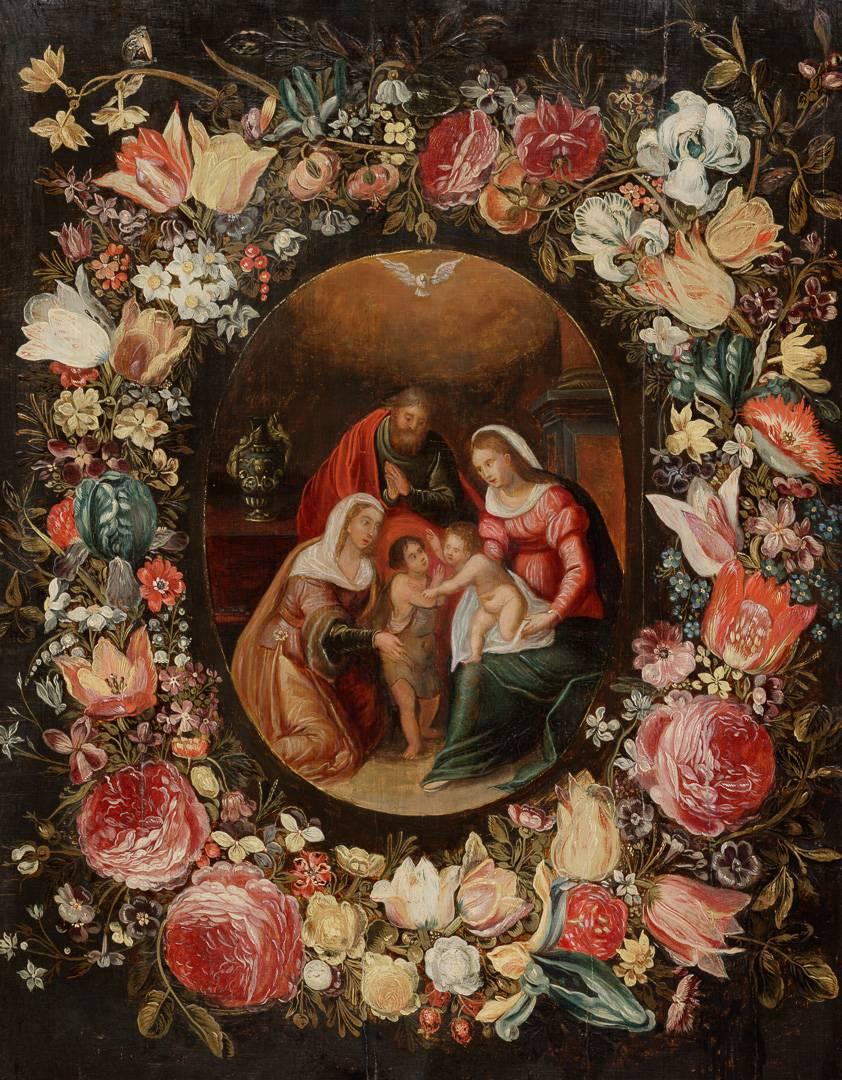 Jan Breughel the Younger Figurative Painting - The communion of Saints in a Floral Wreath