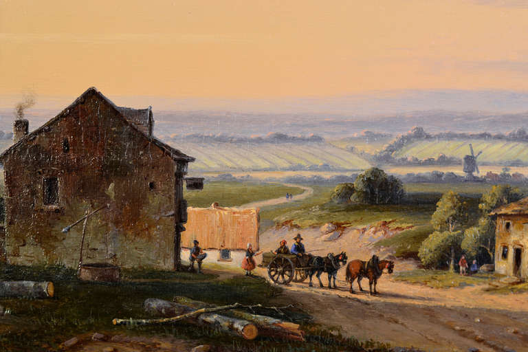 This panoramic landscape is a characteristic and excellent example of Dutch Romantic Painting of circa 1850. It depicts a Dutch landscape at sunset, with travelers on a horse and cart on a sandy road making their way home, as the evening approaches.