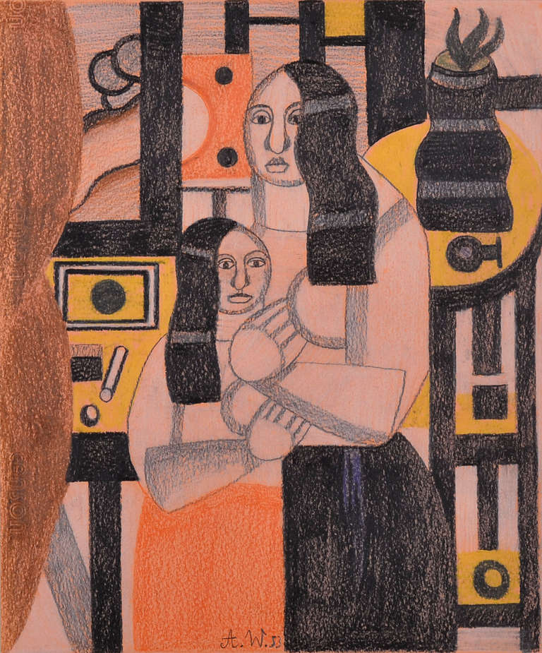 'Mother and Daughter' - Cubist Mixed Media Art by Aleksander Waleski