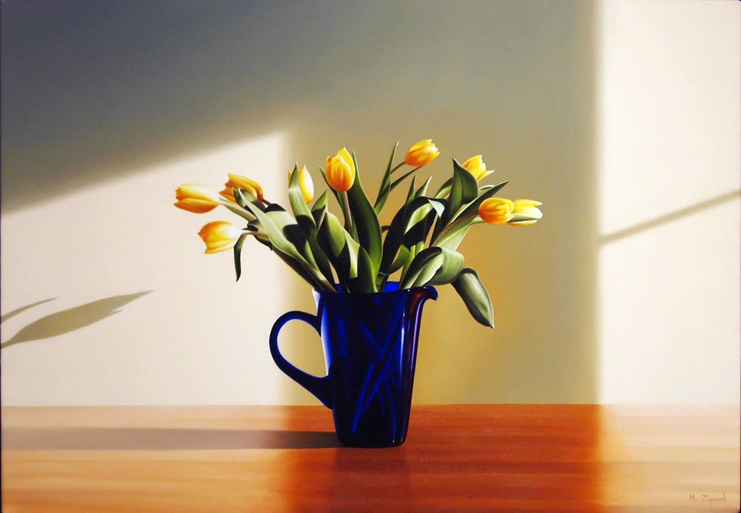 Michael Zigmond Still-Life Painting - Yellow Tulips in Blue Pitcher