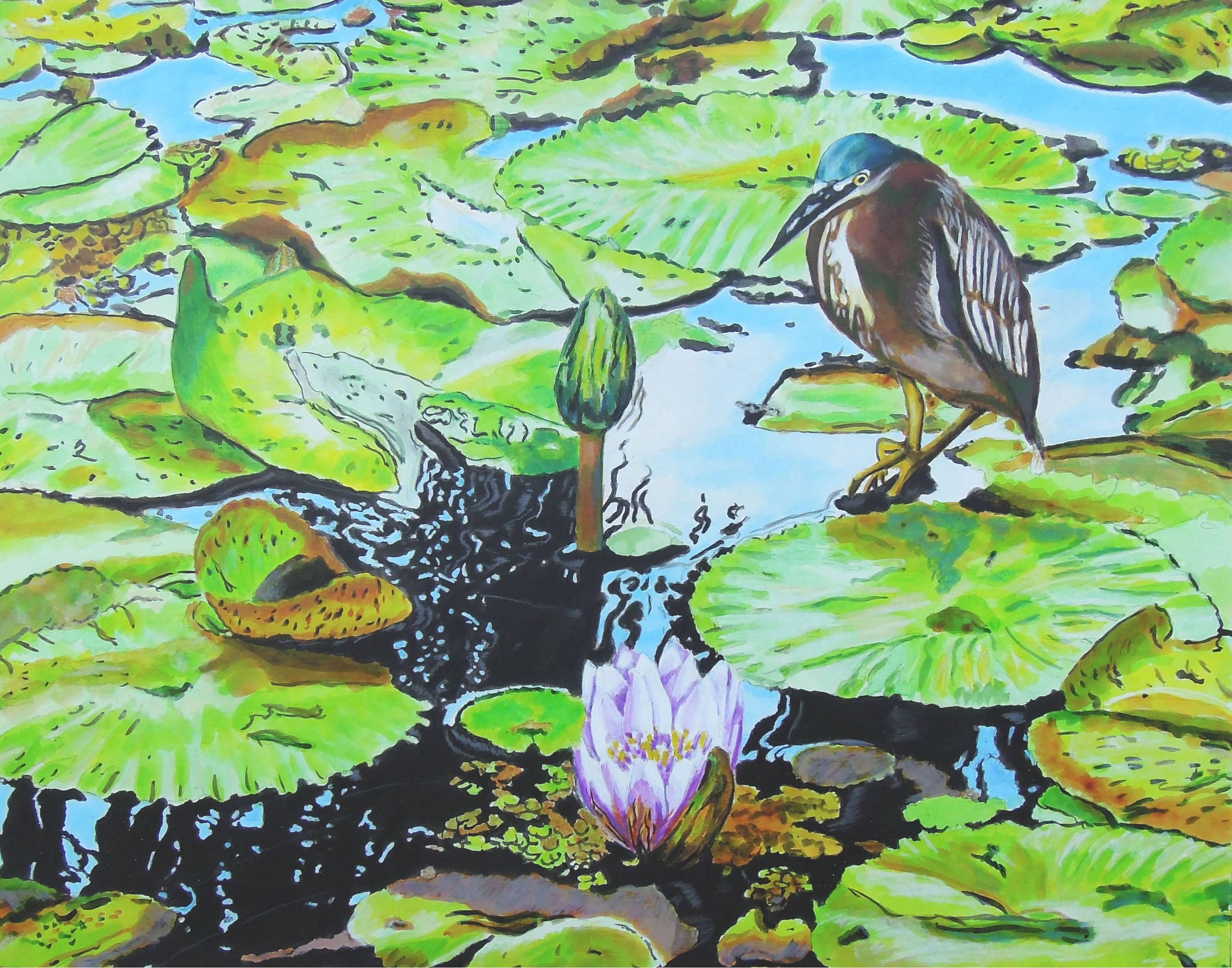 Rick Kroninger Animal Painting - Heron on Lily Pads