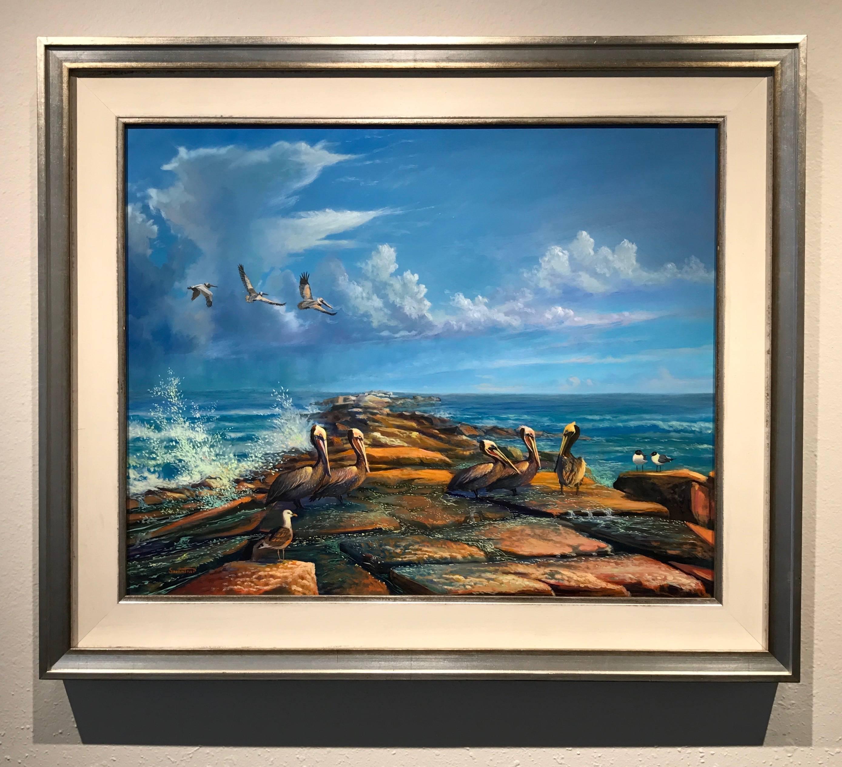 Pelicans on the Jetty - Painting by David Swantner