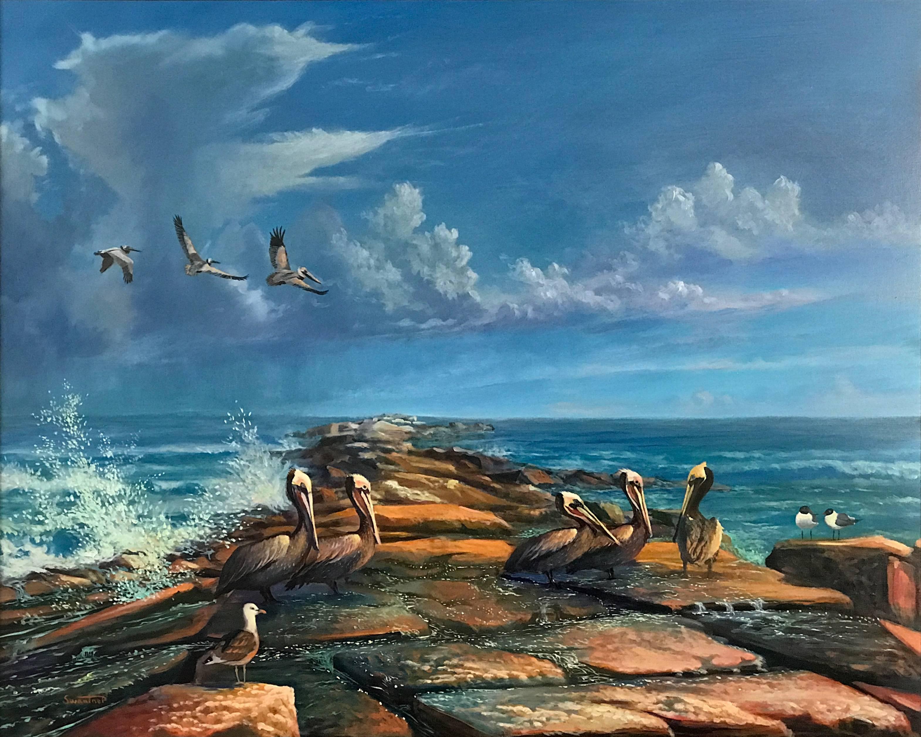 Pelicans on the Jetty - Gray Animal Painting by David Swantner