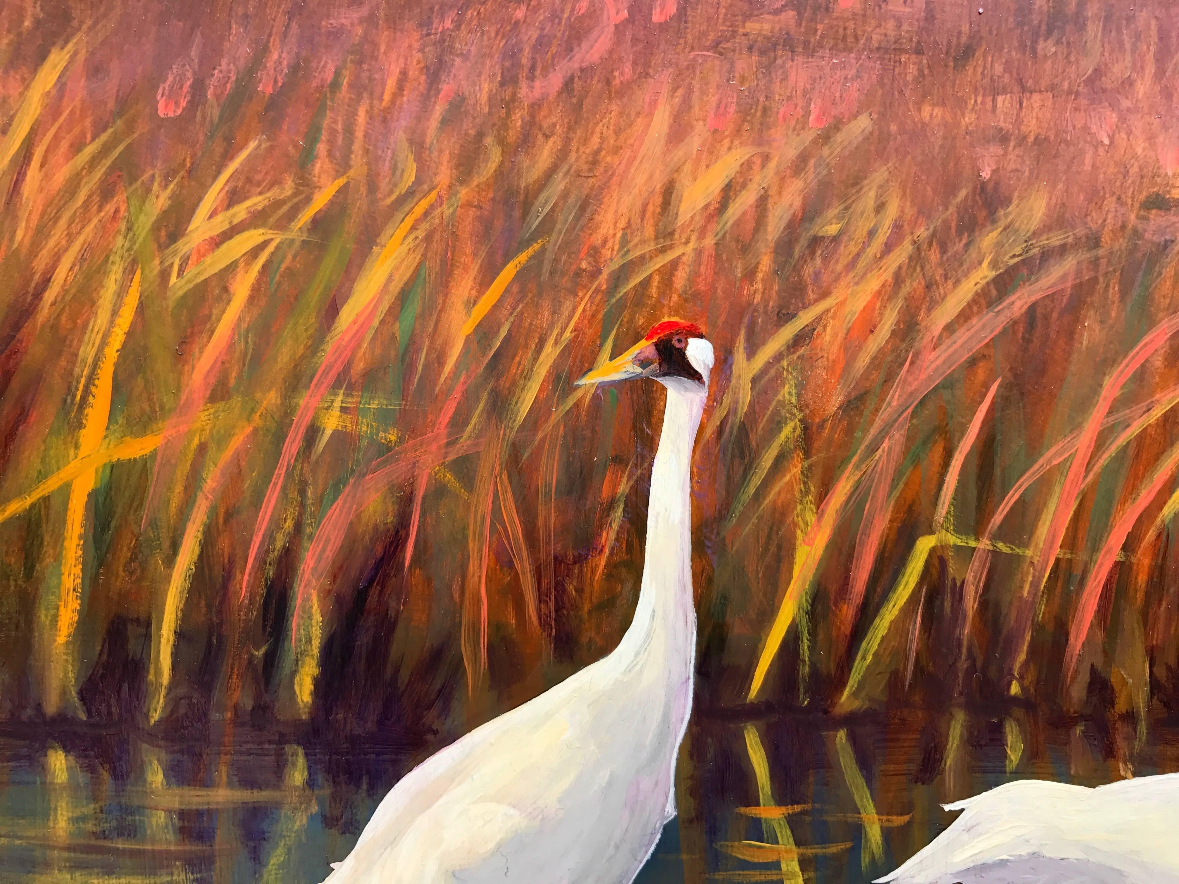Whooping Cranes Feeding - Painting by David Swantner