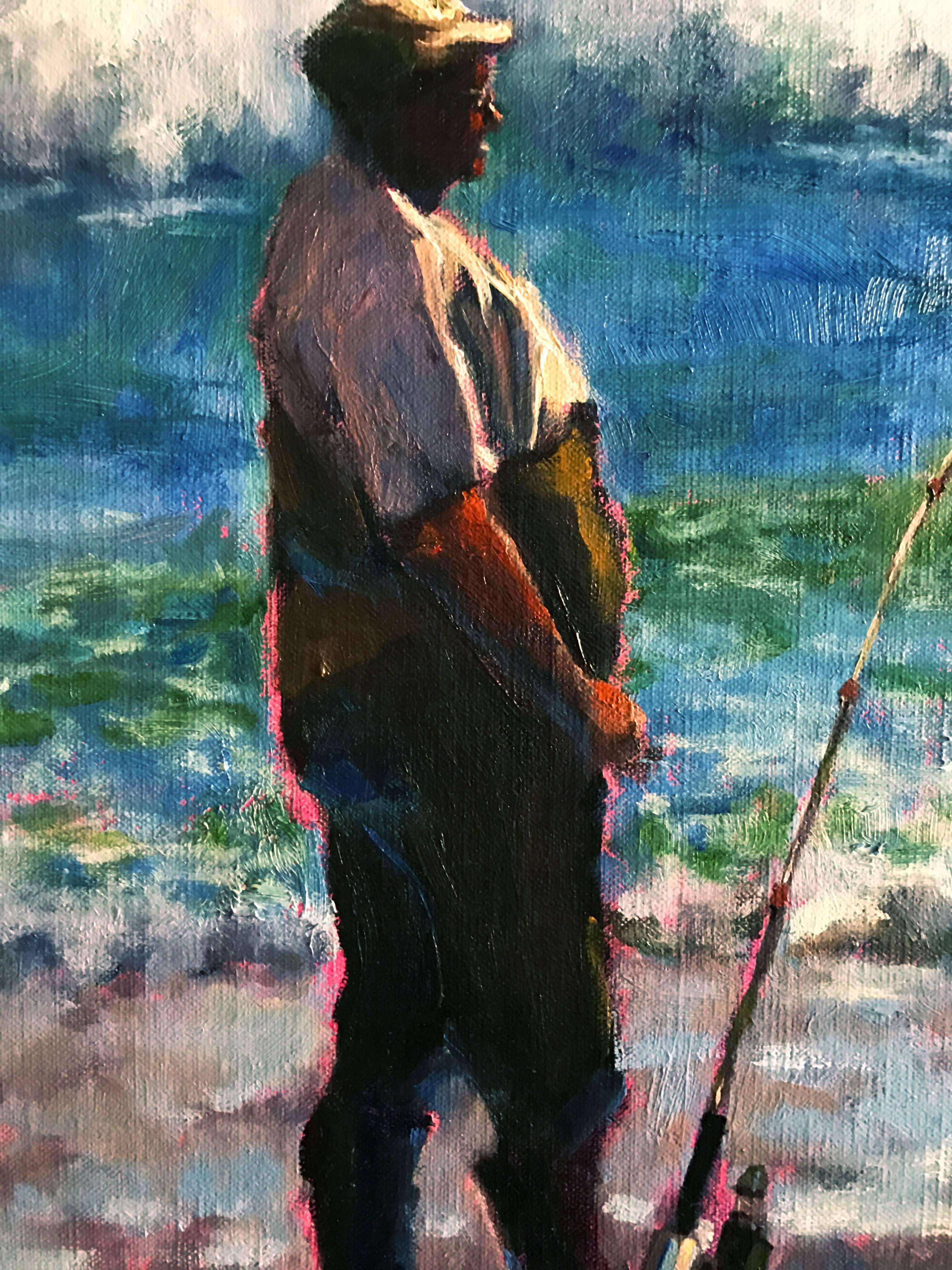 Surf Fishing - Black Landscape Painting by Carol Devereaux