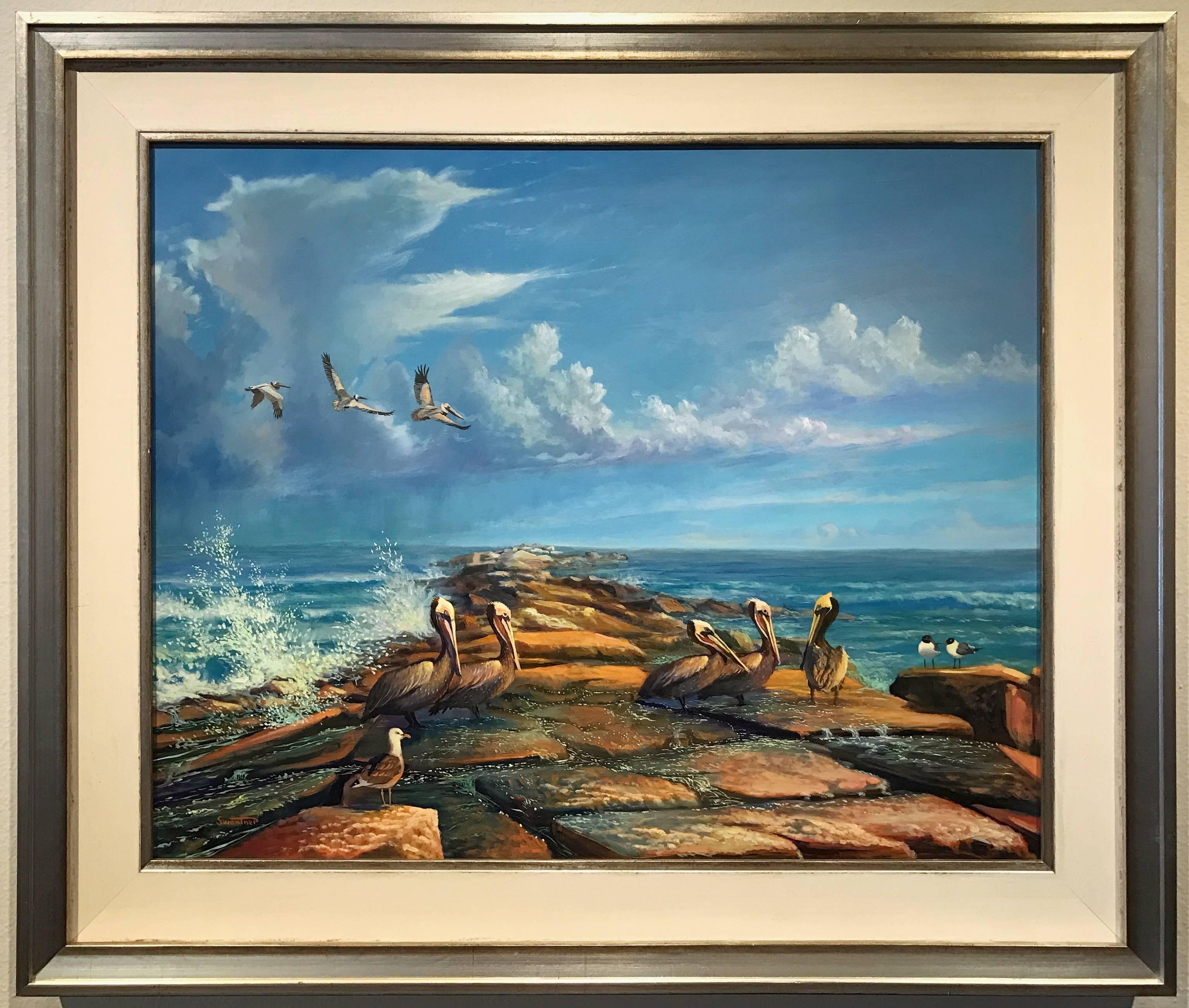 David Swantner Animal Painting - Pelicans on the Jetty