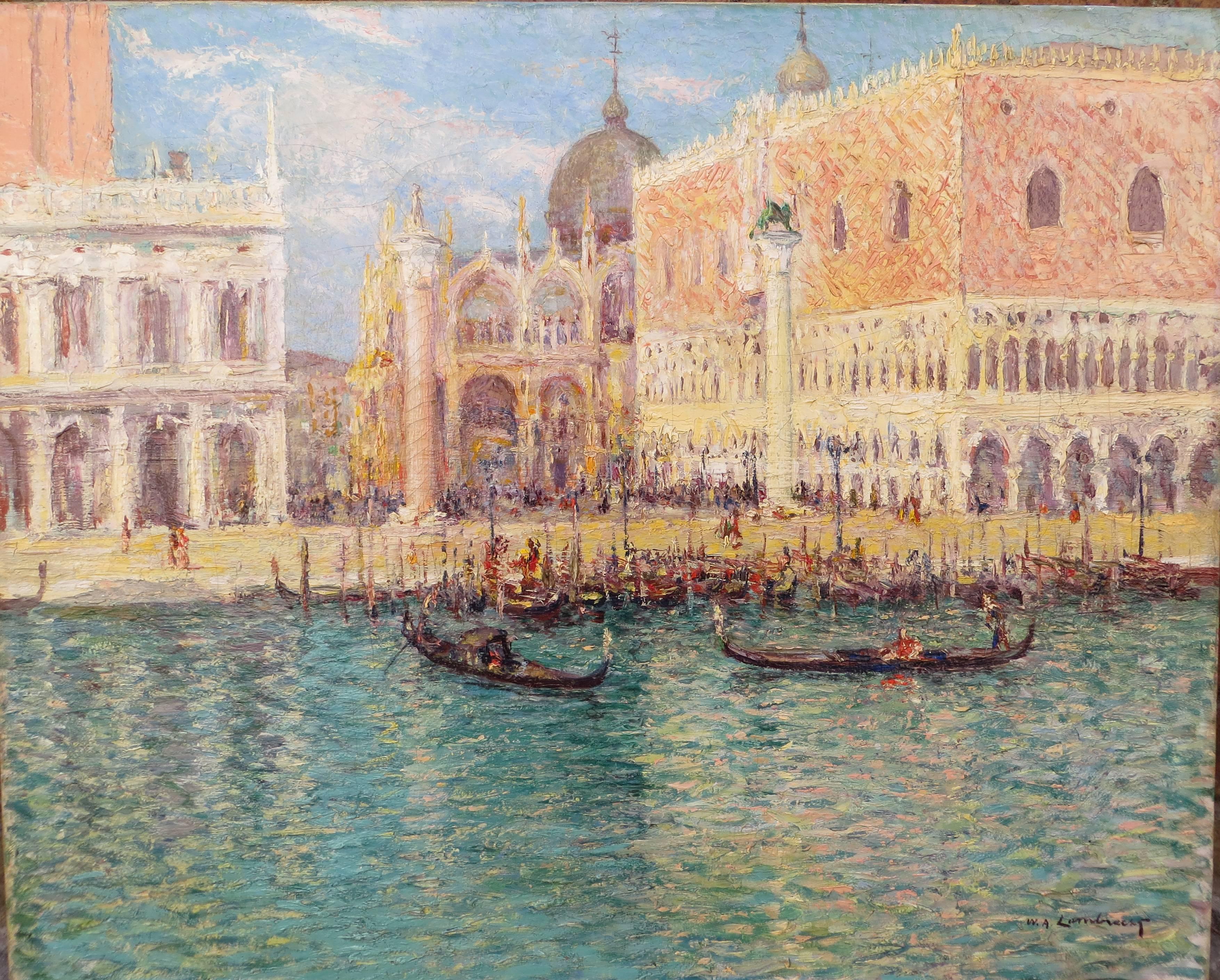 WILLIAM ADOLPHE LAMBRECHT Landscape Painting -  San Marco place  in Venice Oil on Canvas by W.A Lambrecht