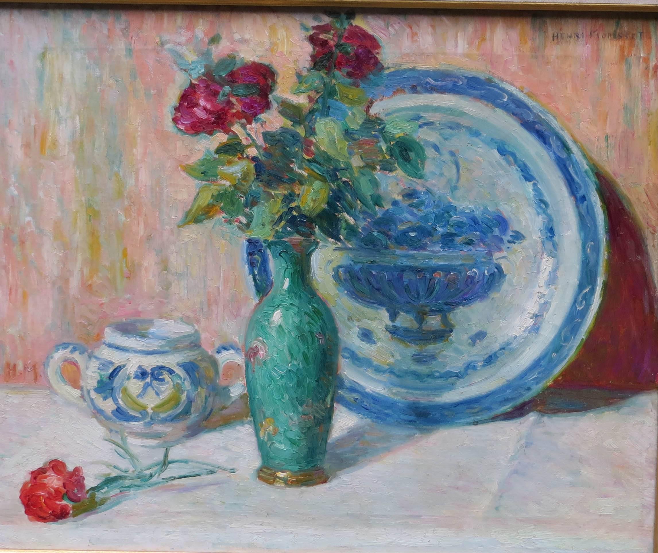 Still Life with Enameled Vase by Morisset  - Painting by Henri François MORISSET