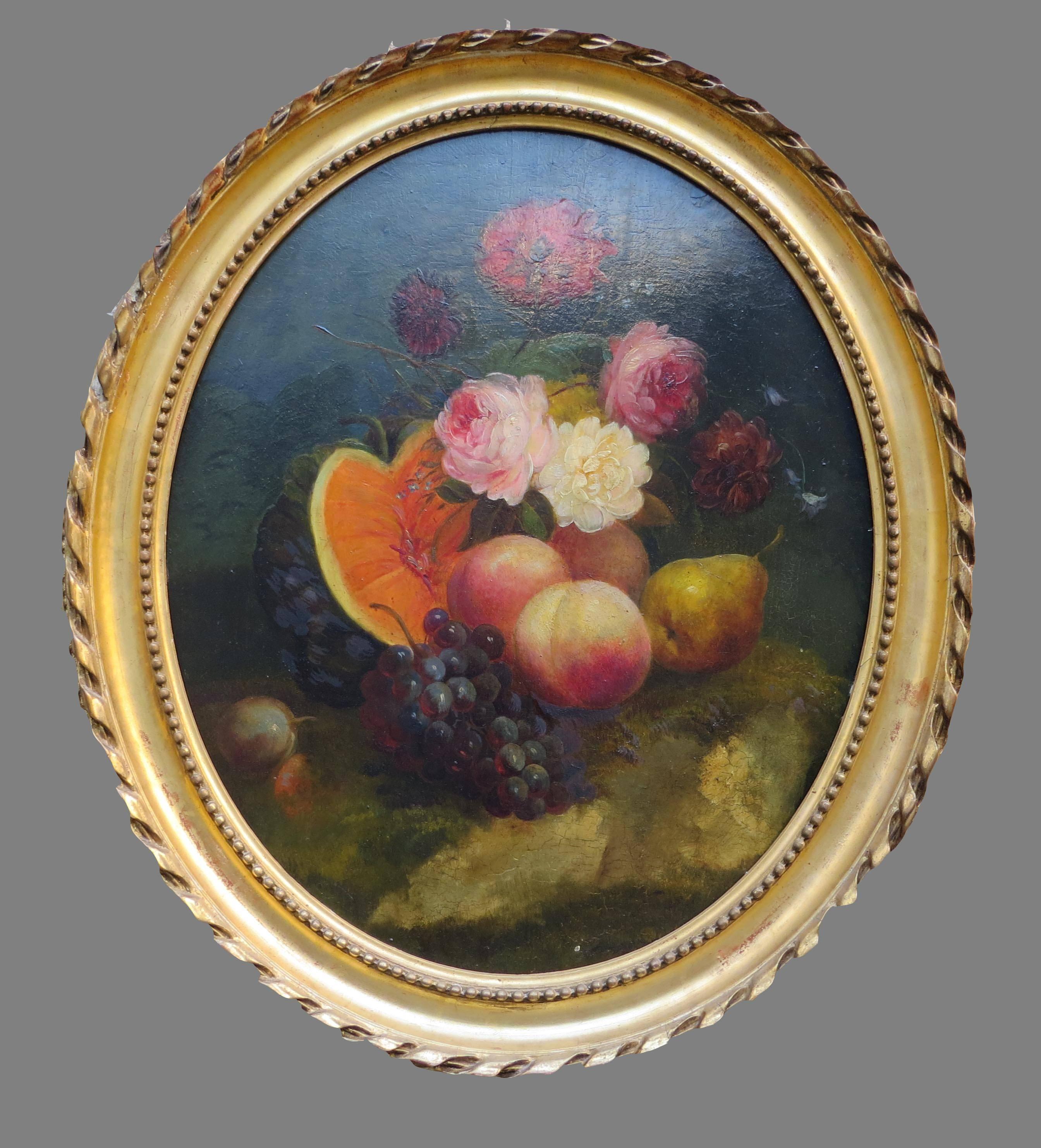 Unknown Still-Life Painting - Pair of Still Life Oval Paintings