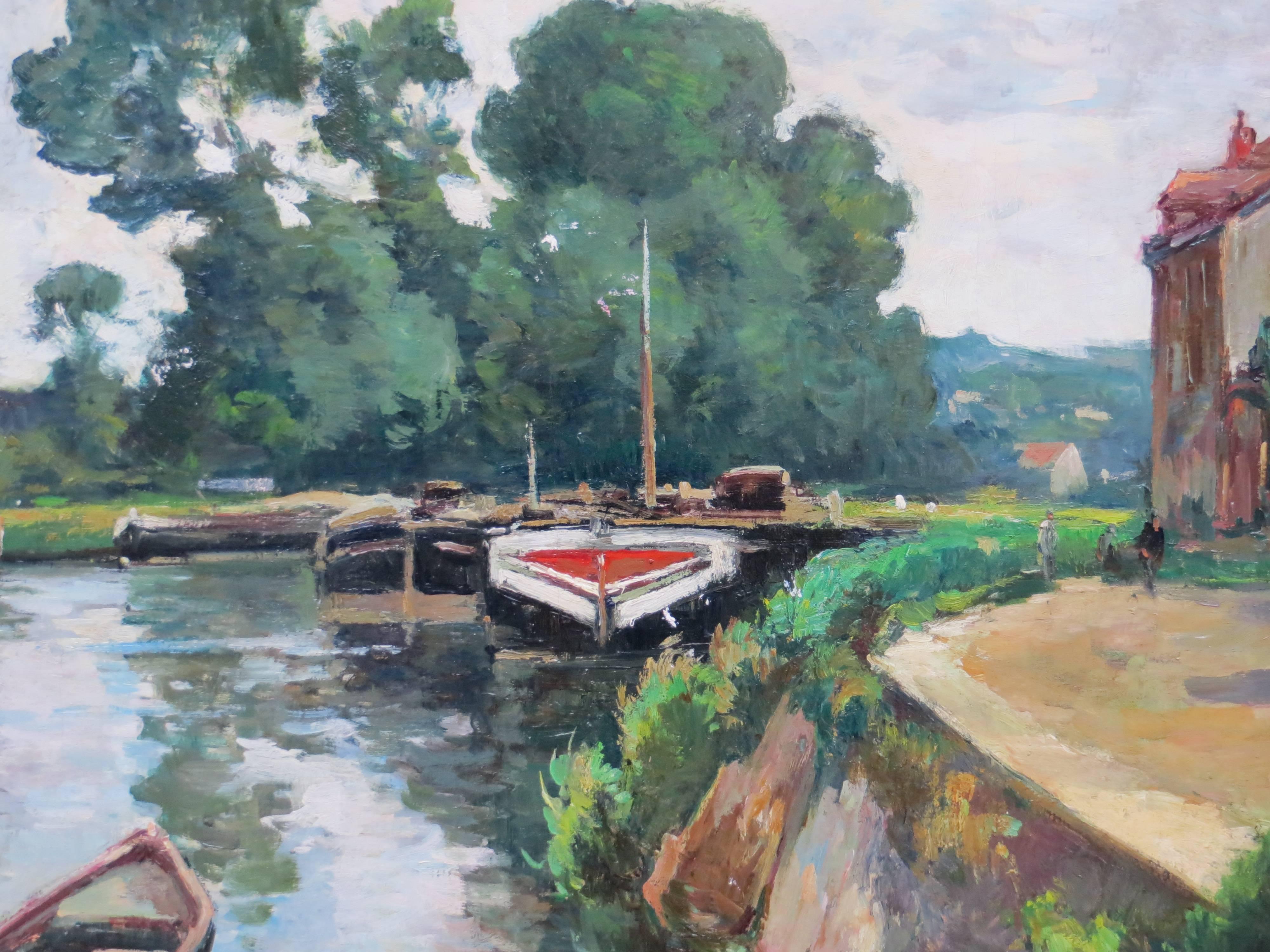 Louis Eugène Parturier Landscape Painting - Houseboat on the Banks of the Seine