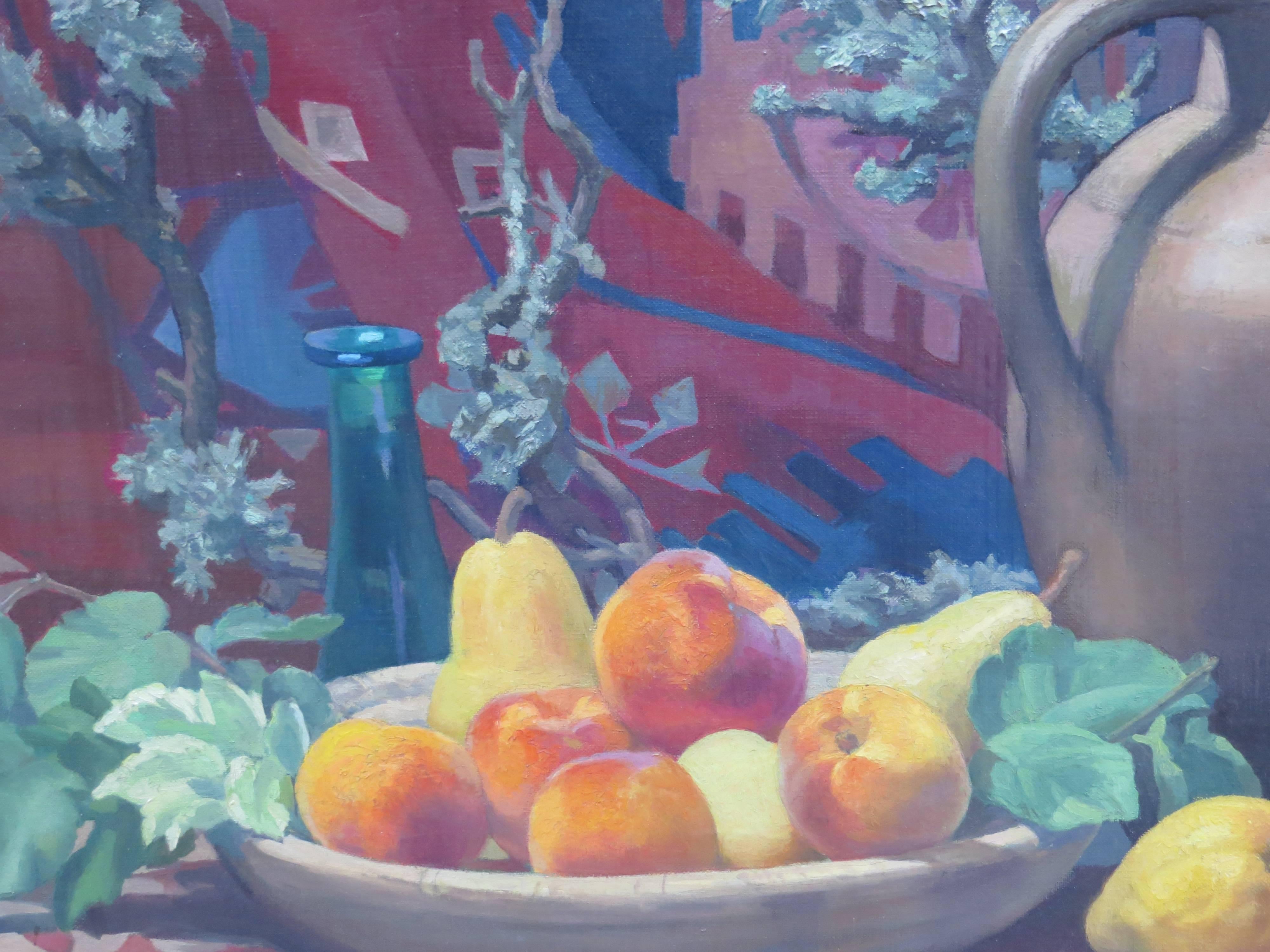 Olio su tela di gusto spagnolo raffigurante una bella natura morta su sfondo di arazzo firmato M.COGNERAS LELEGARD TO 1950.