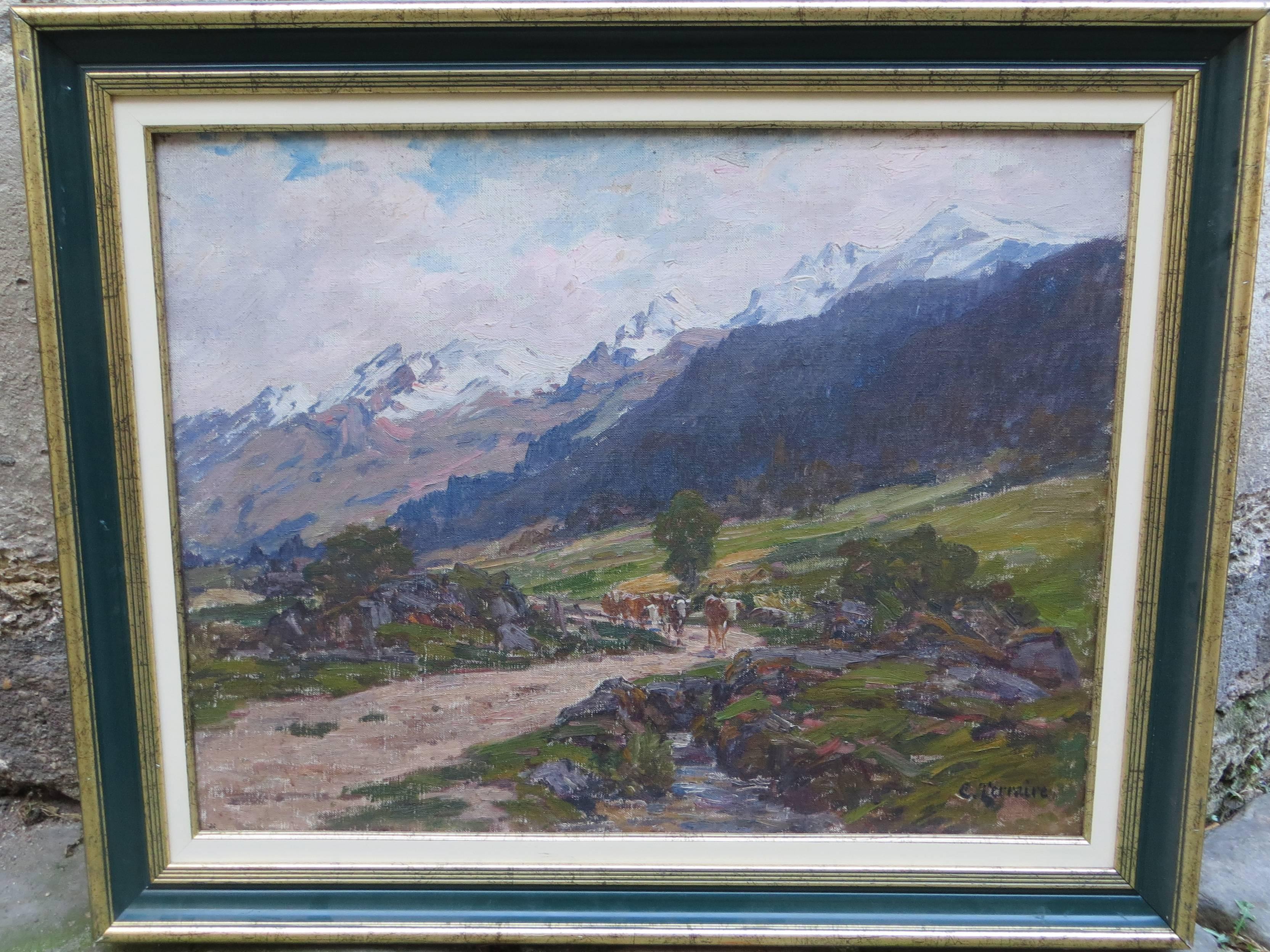 Mountain Landscape with Cows - Painting by Clovis Terraire