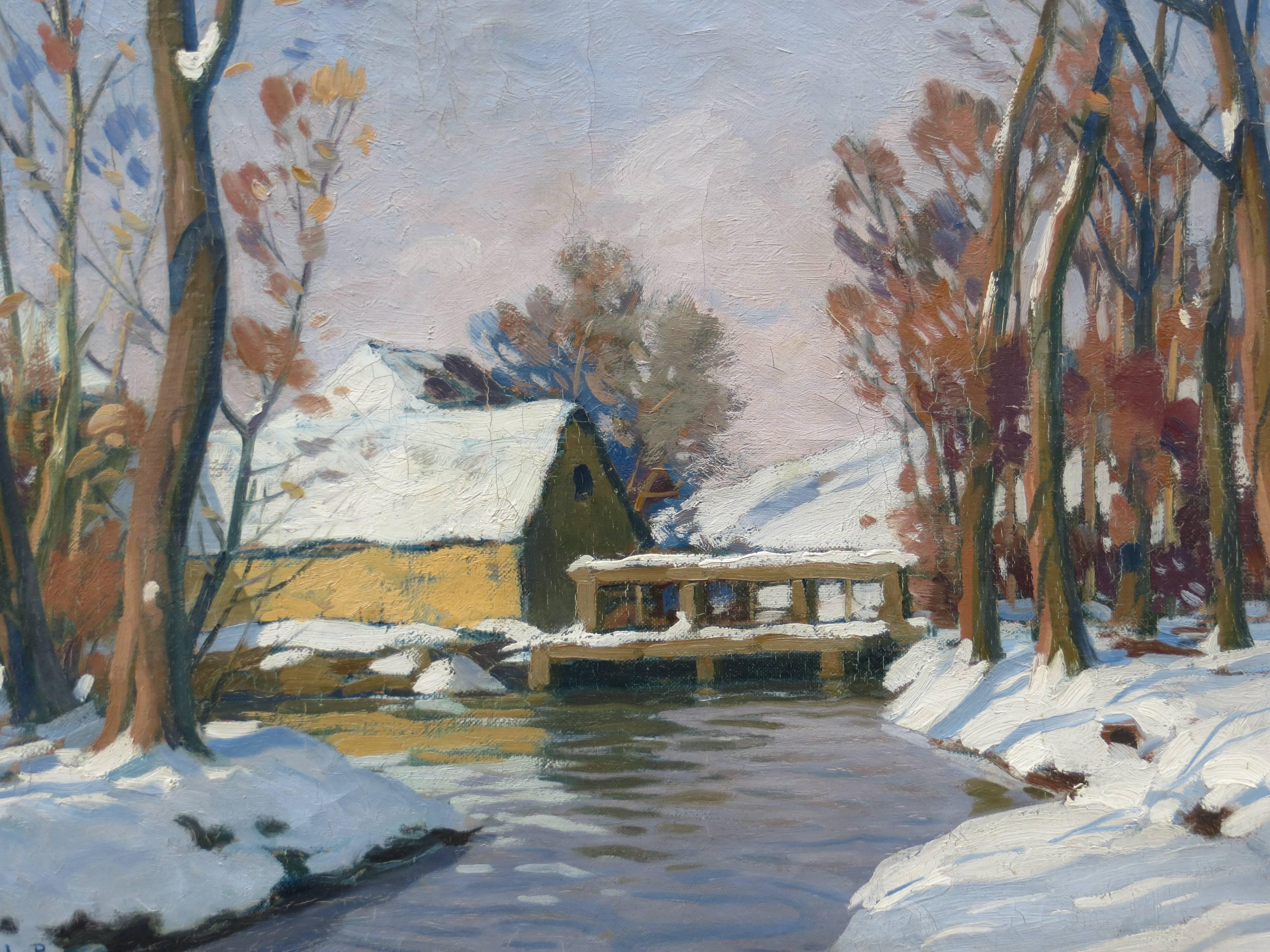 Snow Landscape by Paul ESCHBACH - Gray Figurative Painting by Paul André Jean Eschbach