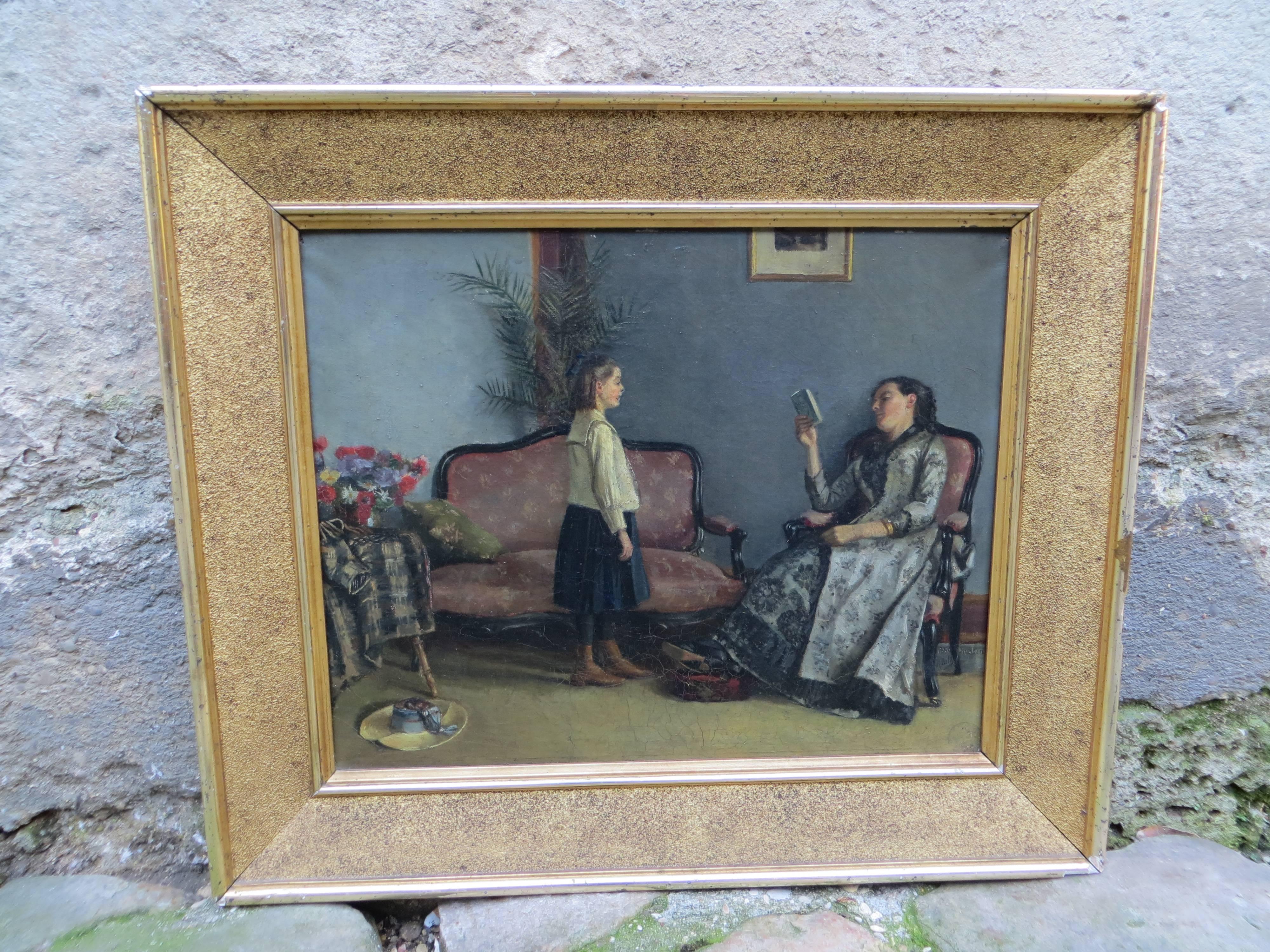 Huile sur toile. 
Daté de 1880 par Clemency ROTH
Clemence Roth. Née à Saint-Denis en 1853:: elle suit les cours d'Alfred Stevens avant d'exposer pour la première fois au Salon de 1880 où elle est remarquée pour la qualité de ses portraits de femmes.