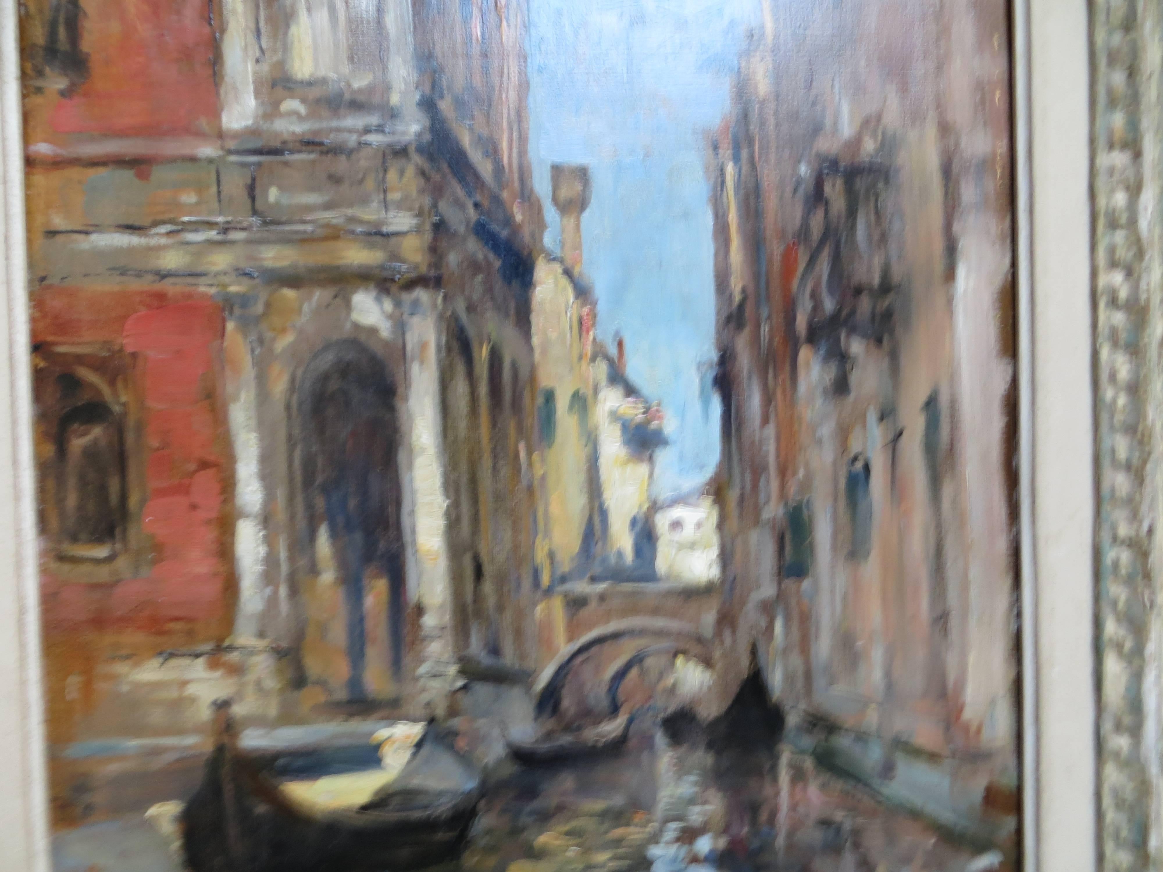 Canal in VENICE - Gray Figurative Painting by Pierre Georges Dieterle